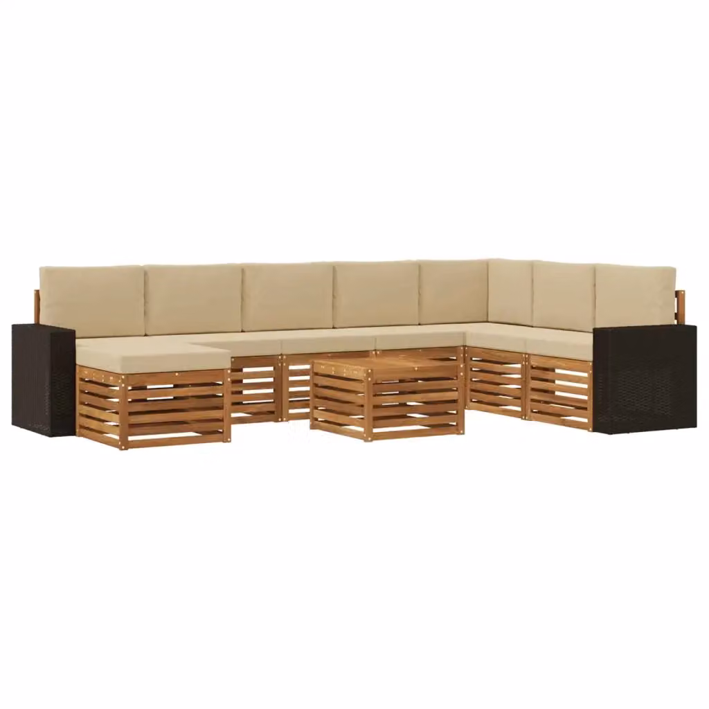 Set di divani da esterno a L vidaXL in legno di acacia con tavolino e pouf, colore beige e sabbia – 2