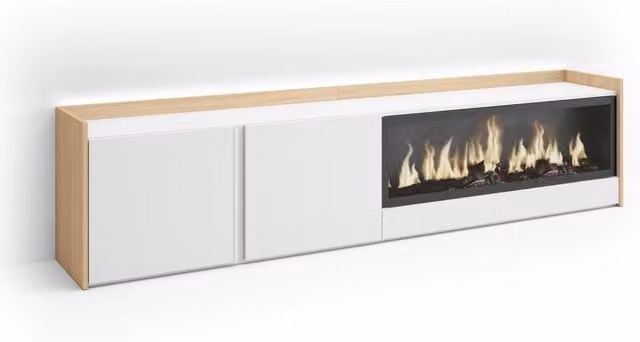 Mobile TV Soggiorno, 212x50x35 cm, Per TV fino a 80", Camino elettrico XXL, LED, Bianco e Rovere soft