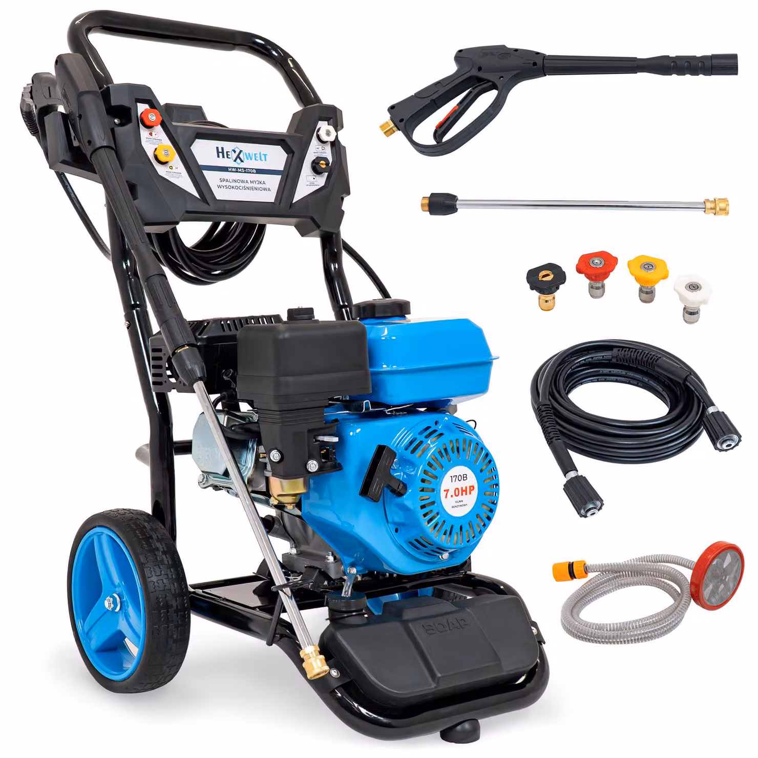 Idropulitrice a benzina - HEXWELT - pressione di lavoro 170 Bar pressione max 200 Bar motore OHV 7 HP 4 ugelli HW-MS-170B