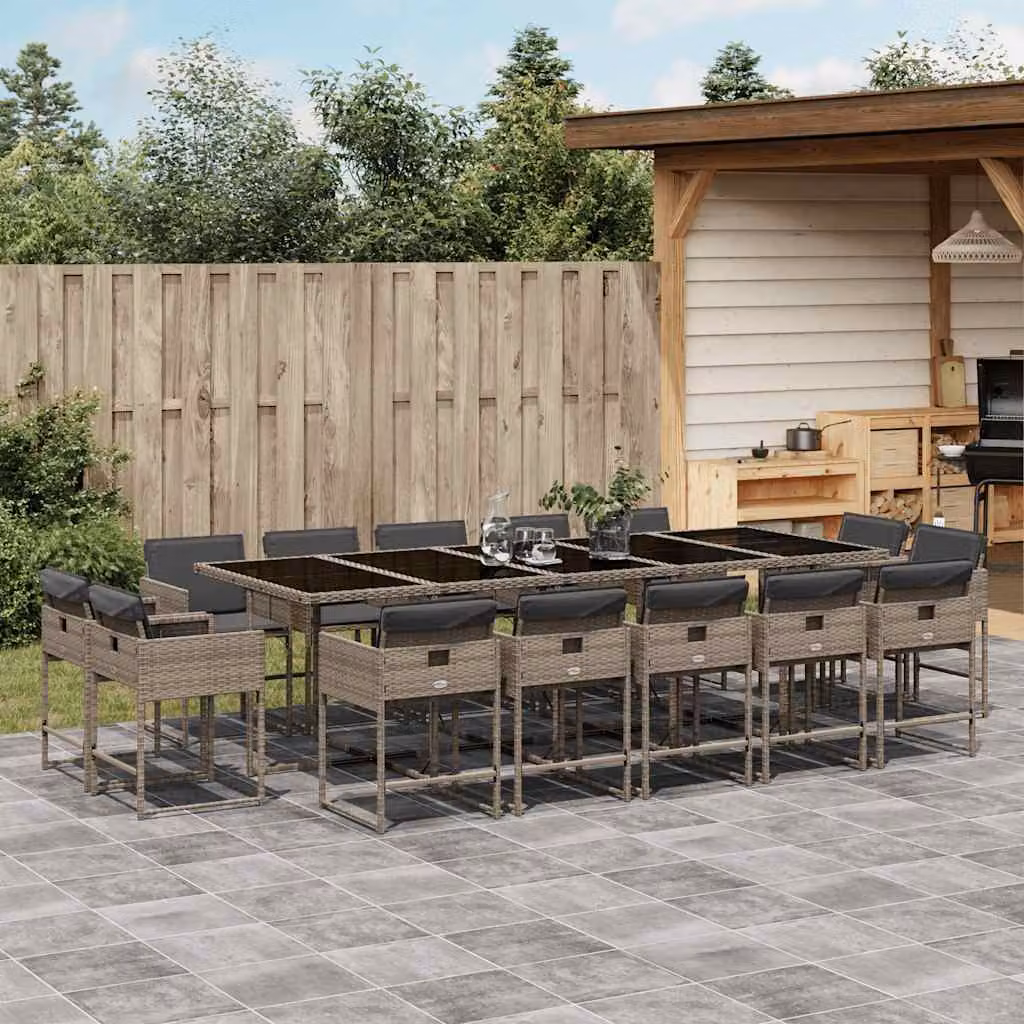 vidaXL Set da Pranzo da Giardino 15 pz in Polyrattan Grigio con Piano in Vetro – 1