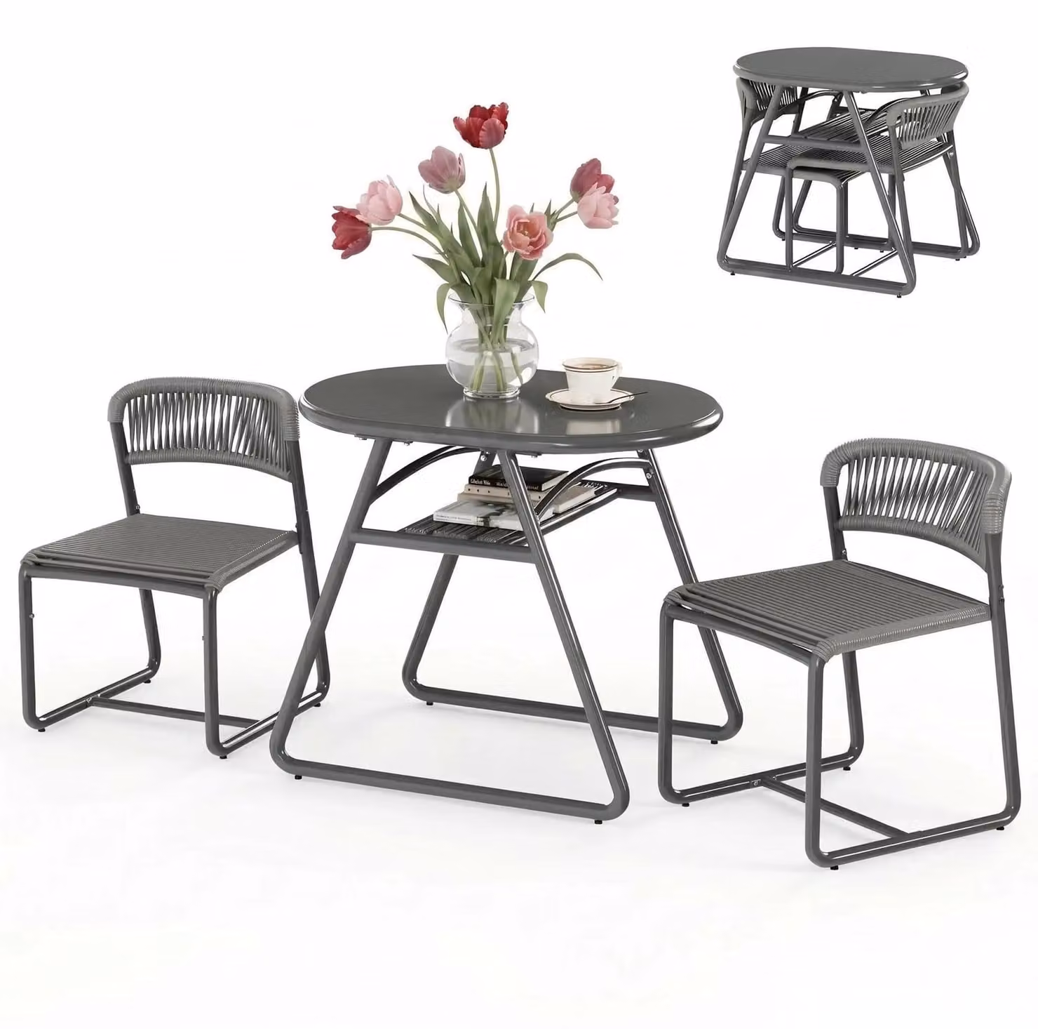 Set da esterno per bistro - Set da giardino composto da 3 pezzi - Tavolo rotondo da 80 cm e 2 sedie - Struttura in metallo, piano in legno e corda in polietilene (PE) - Resistente agli agenti atmosferici e alla corrosione - Facile da pulire, salvaspazio -