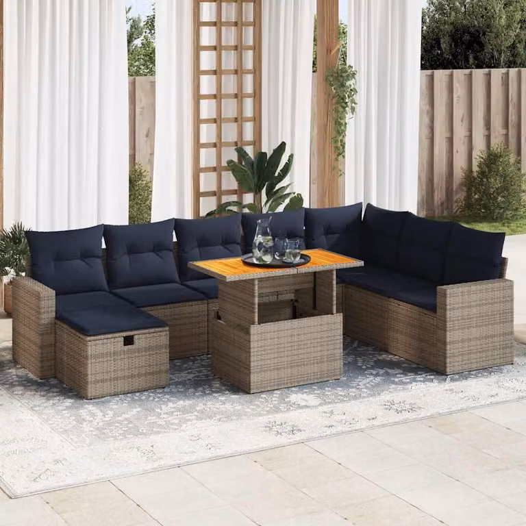 Set Divano da Giardino vidaXL 9pz a Forma a U in Polyrattan e Legno di Acacia con Cuscini Grigio e Blu