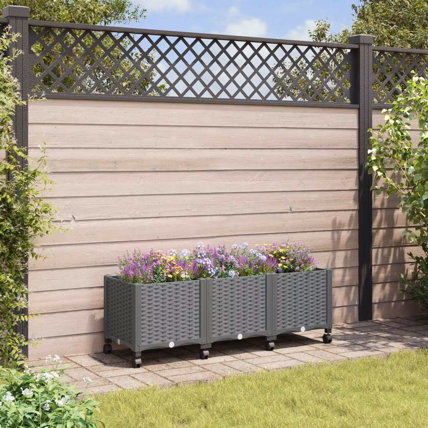 Vaso da giardino con ruote vidaXL in plastica Grigio Chiaro L: 120 cm, P: 40 cm, H: 44 cm