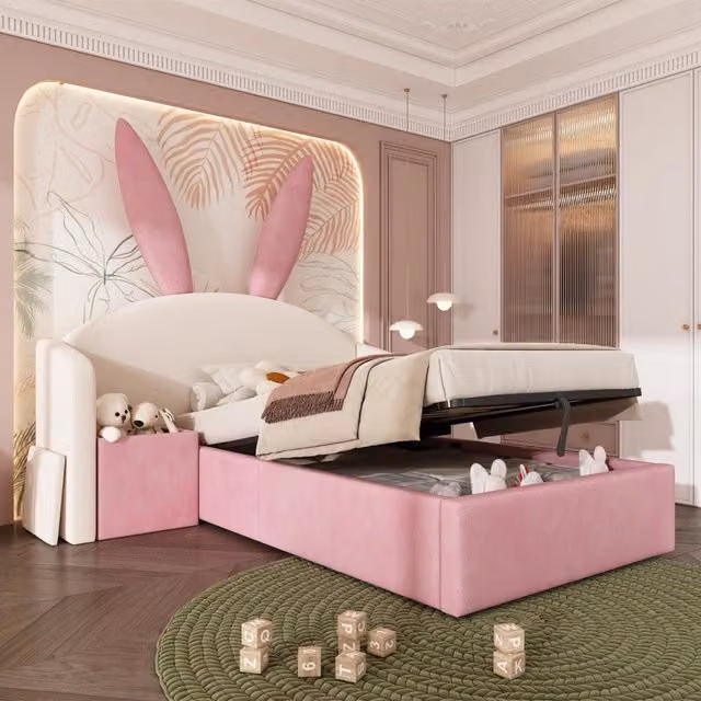 Letto per bambini 90 × 190 cm con contenitore idraulico e comodino reversibile, senza materasso, beige e rosa