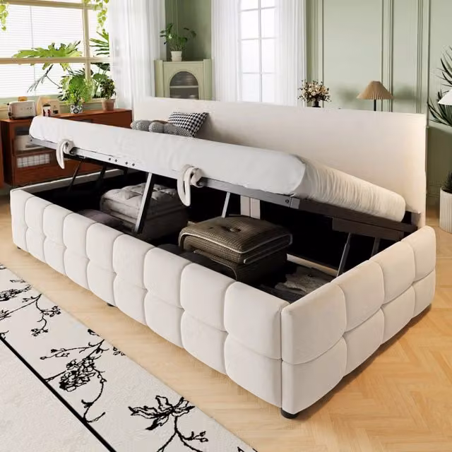 Letto divano singolo 90 × 200 cm con vano idraulico e schienale, senza materasso, imbottito in velluto beige