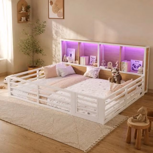 Letto 140 x 200 cm con sponda apribile; ripiani laterali e LED; MDF e metallo; bianco