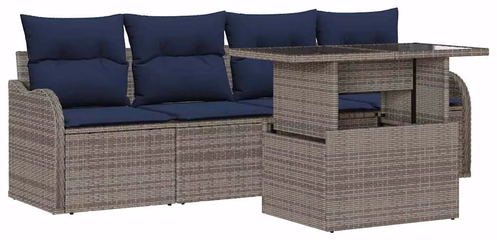 Set di divani da esterno, 5 pezzi, grigio, in rattan sintetico