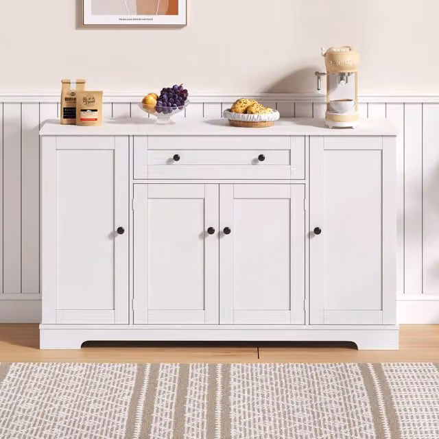Credenza da cucina bianca da 138 cm; 4 ante; ripiani regolabili e cassetto; MDF
