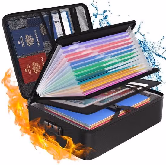 Documentenbox ignifuga resistente all'acqua con 13 scomparti e etichette, contenitore portatile per documenti A4, nero