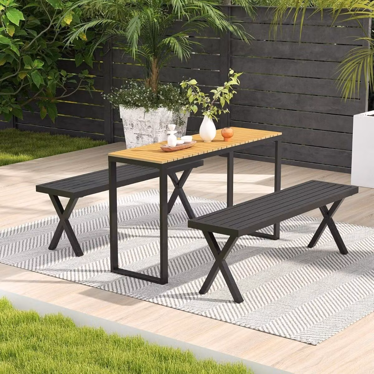 Set da esterno Costway composto da tavolo consolle rettangolare e panca per 2 persone in metallo con seduta a listelli, disponibile in nero o marrone