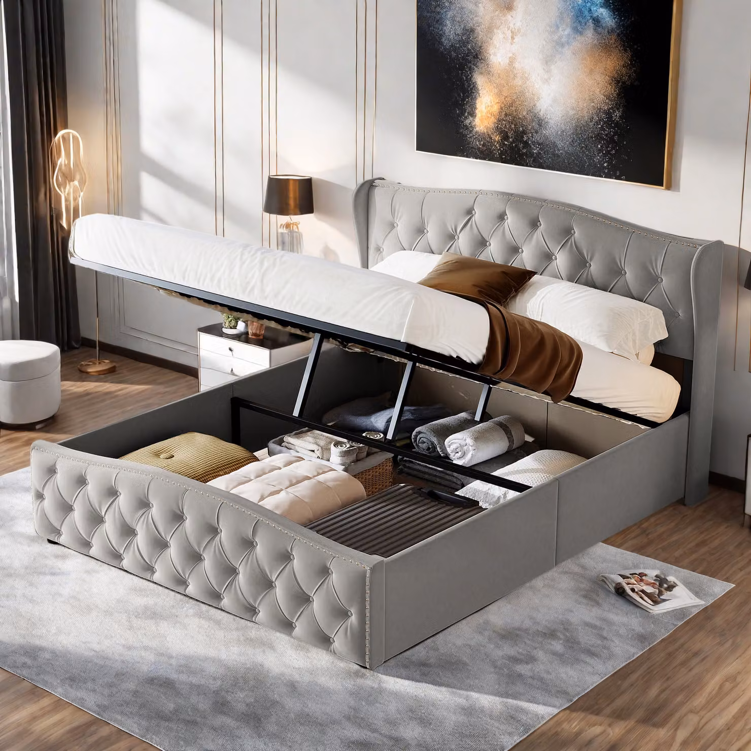 Letto matrimoniale imbottito 160x200cm Letto a molle insacchettate Letto in legno massiccio con rete a doghe e contenitore, letto funzionale letto contenitore in velluto, grigio