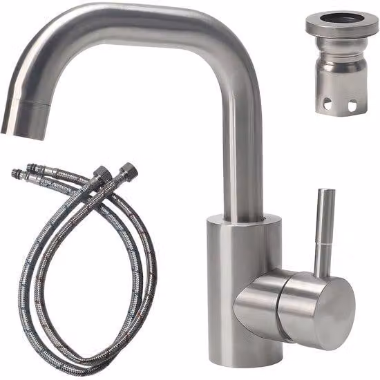 Miscelatore monocomando in acciaio inossidabile Ibenzoa® (lucido) – Ideale per bagno e cucina, con bocchetta girevole a 360°, altezza 42 cm, cartuccia in Vetroceramica, acciaio inossidabile 304, attacchi da 12 mm, tubi di collegamento da 60 cm