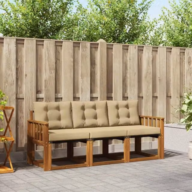 Set di divani da esterno 3 pezzi vidaXL in legno di acacia e textilene beige con cuscini inclusi – 1