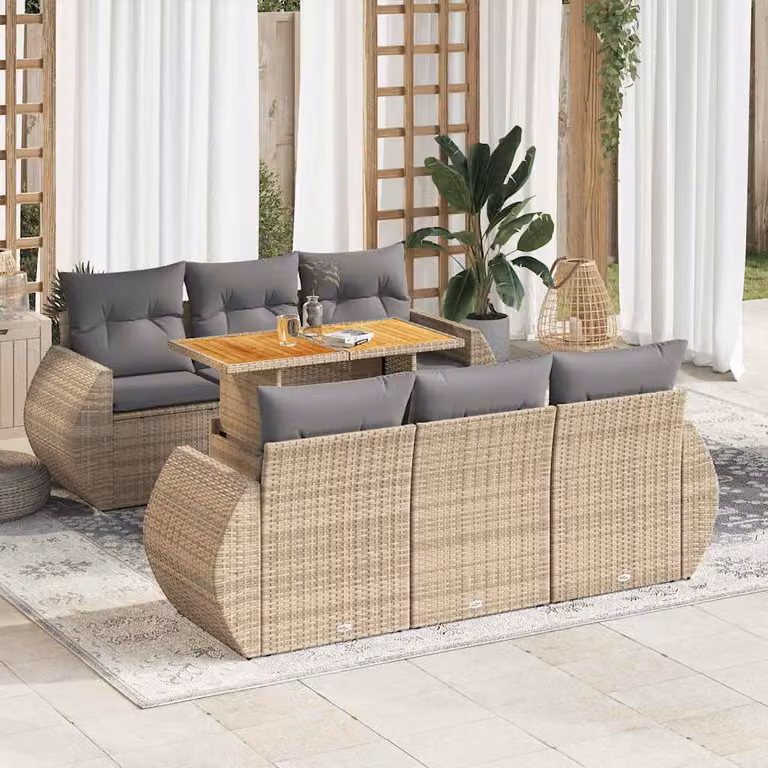 Set Divani da Giardino vidaXL 7 pz in Polyrattan con Cuscini Beige e Tavolino da Esterno a Forma di L