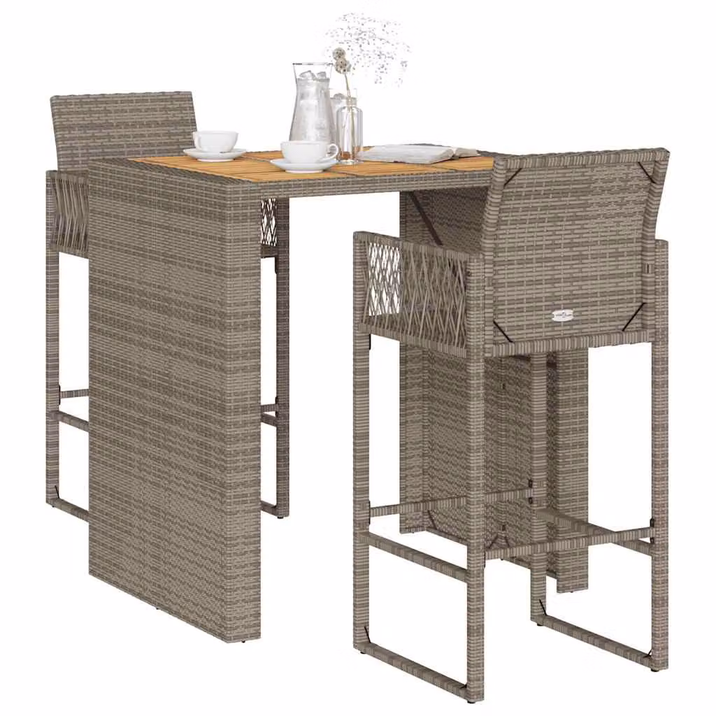 Set Bar da Giardino vidaXL in 3 Pezzi in Polyrattan e Legno di Acacia Grigio