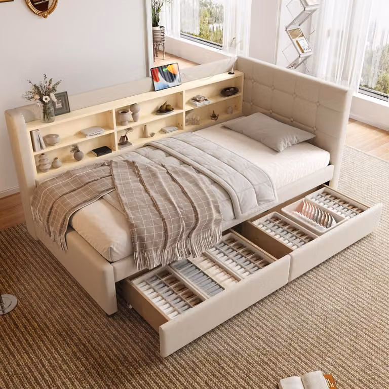 Letto imbottito Flieks 90x200cm con cassetti, daybed daybed con usb e type-c, letto singolo letto giovanile divano letto con ripiani, biancheria, beige