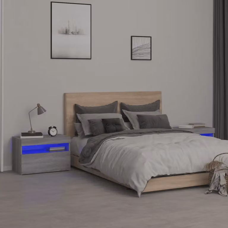 Set di 2 comodini vidaXL con luci LED integrata, colore Grigio Sonoma, L 60 cm x P 35 cm x H 40 cm