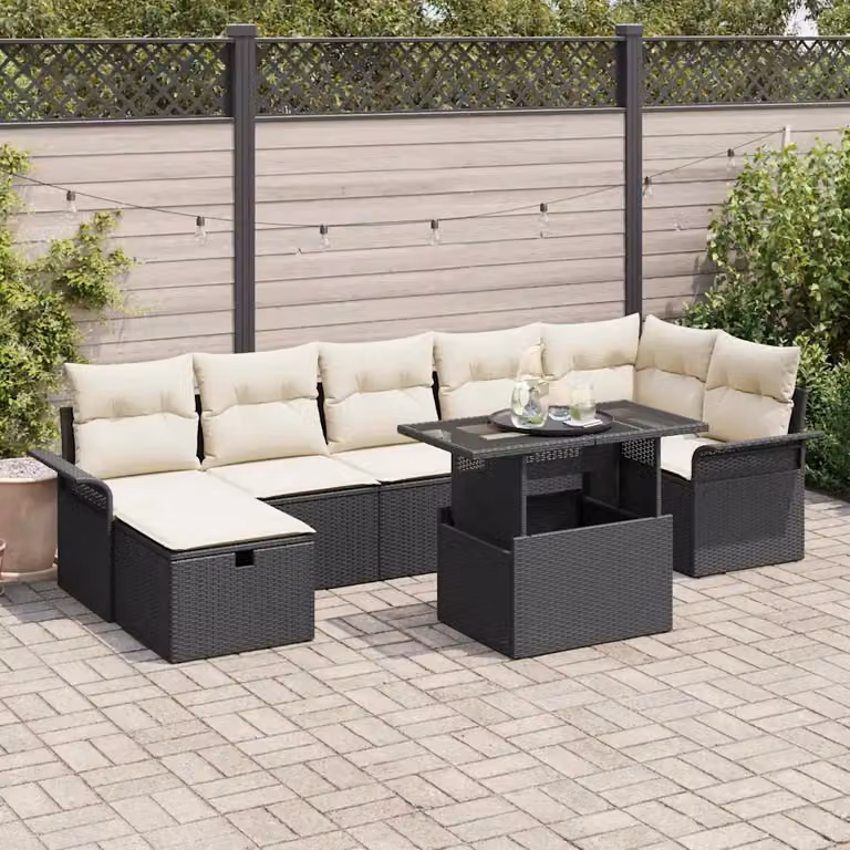 Set Divano da Giardino vidaXL 8 Pezzi Nero con Cuscini e Tavolino in Polyrattan e Metallo