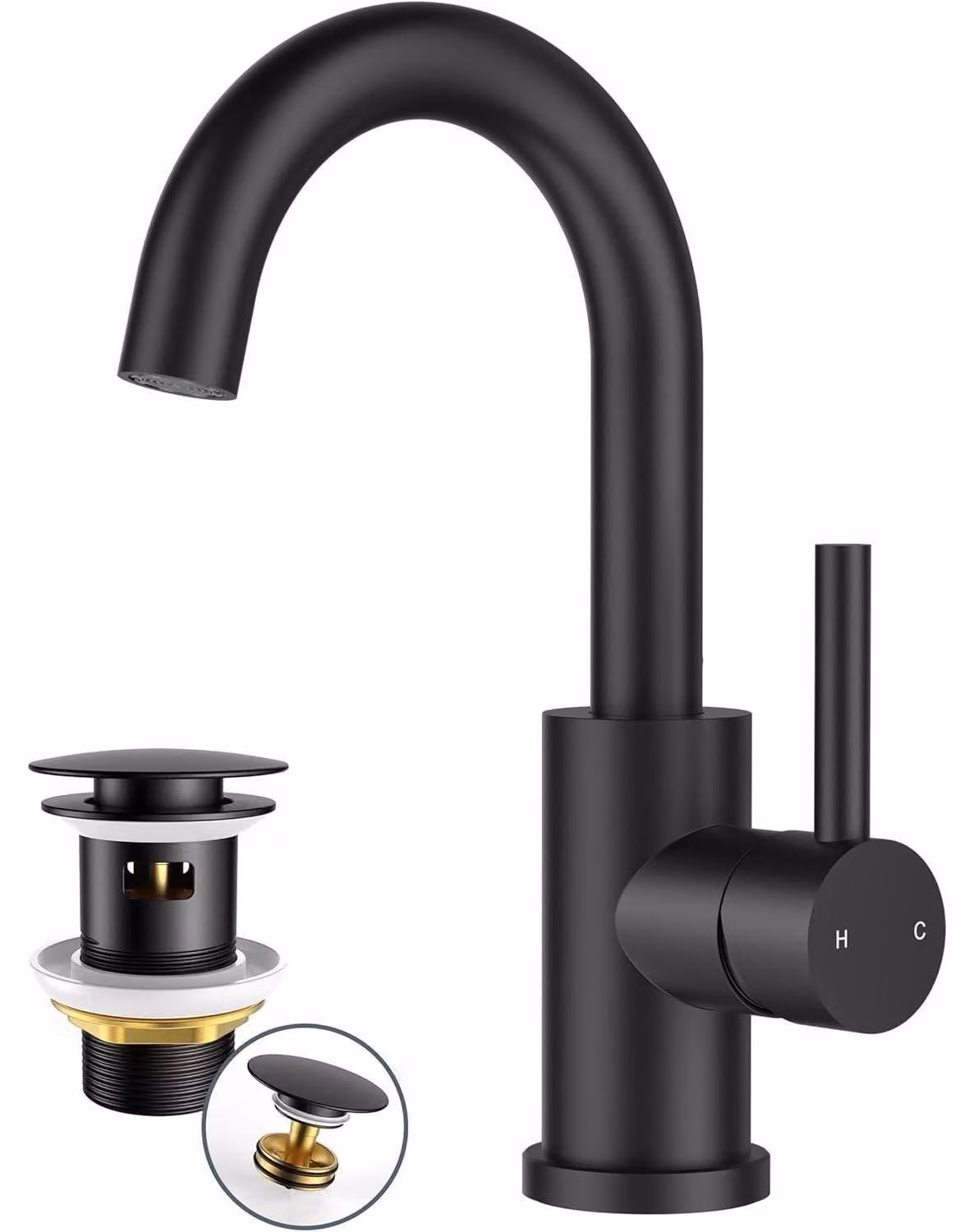 Rubinetto di alta qualità per lavabo da bagno, con sistema di scarico integrato, girevole a 360°, in acciaio inossidabile, finitura nero opaco, diametro 175 mm