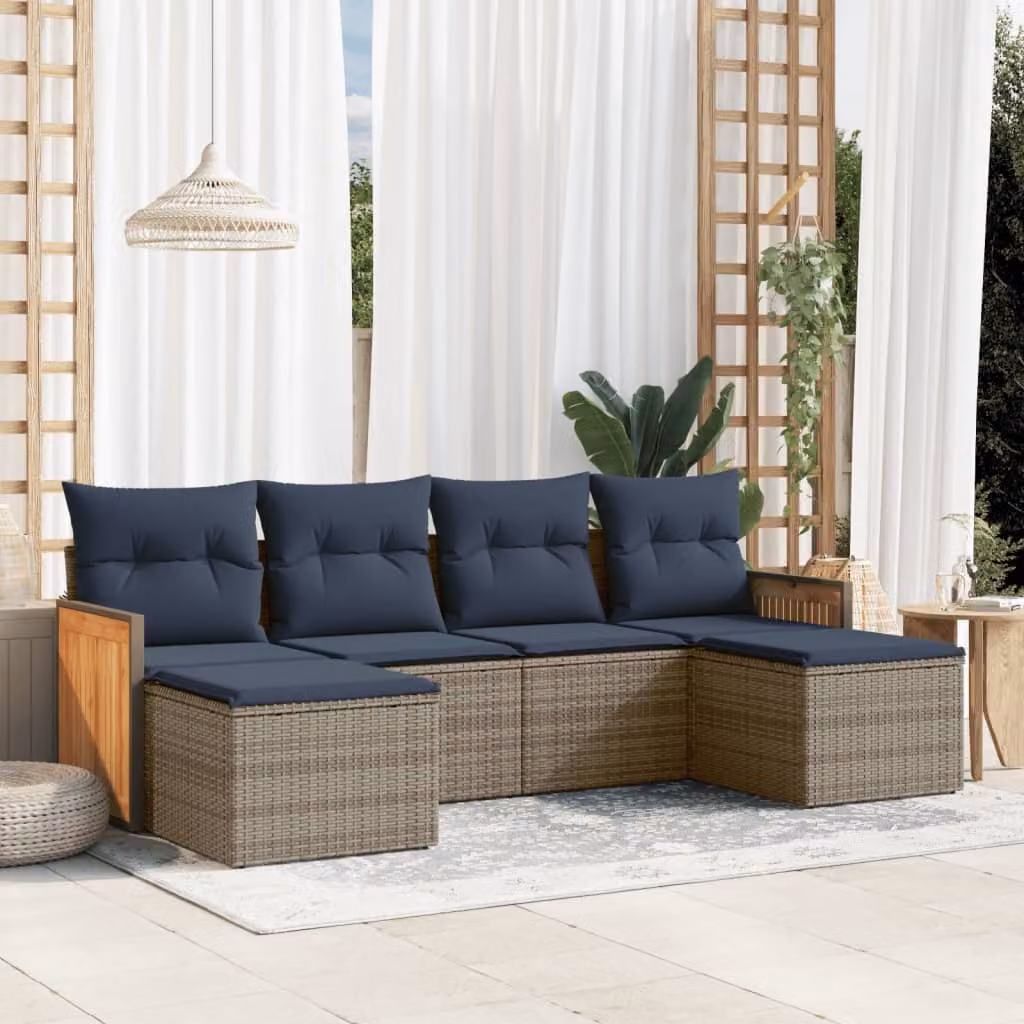 Set di divani da giardino vidaXL in polyrattan 6 pezzi con cuscini, design moderno a forma di L, colore grigio e blu
