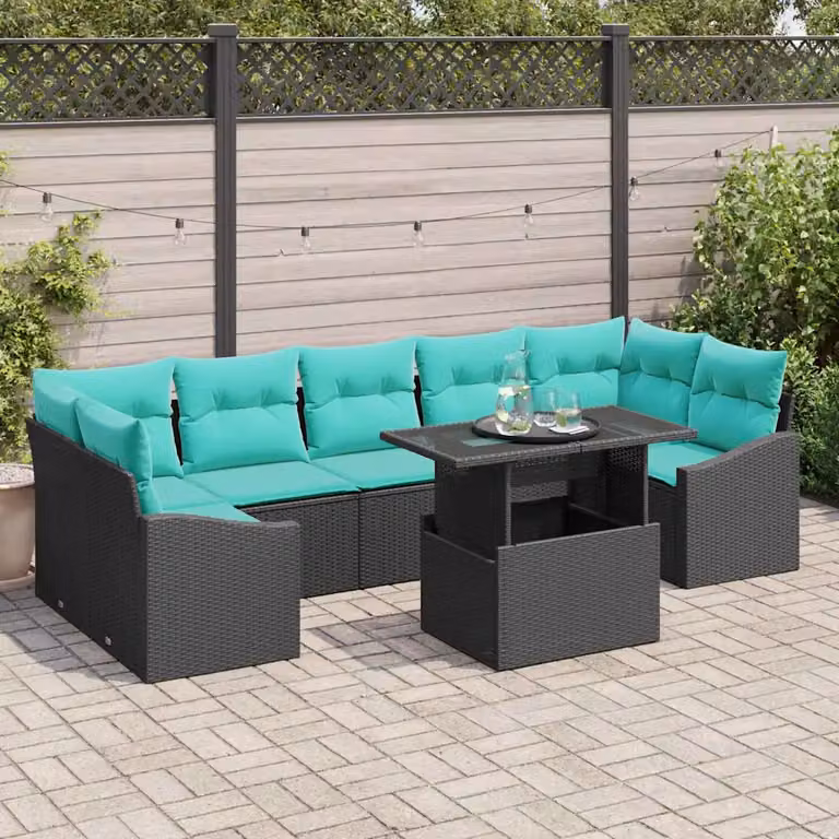 Set Divano da Giardino a L vidaXL da 8 Pezzi con Tavolino e Cuscini, Colore Nero e Blu Turchese