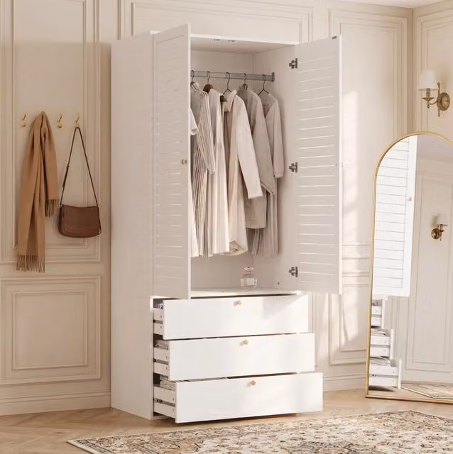 Armadio a 2 ante a battente con ante a lamelle e 3 cassetti; 90x50x200 cm; bianco