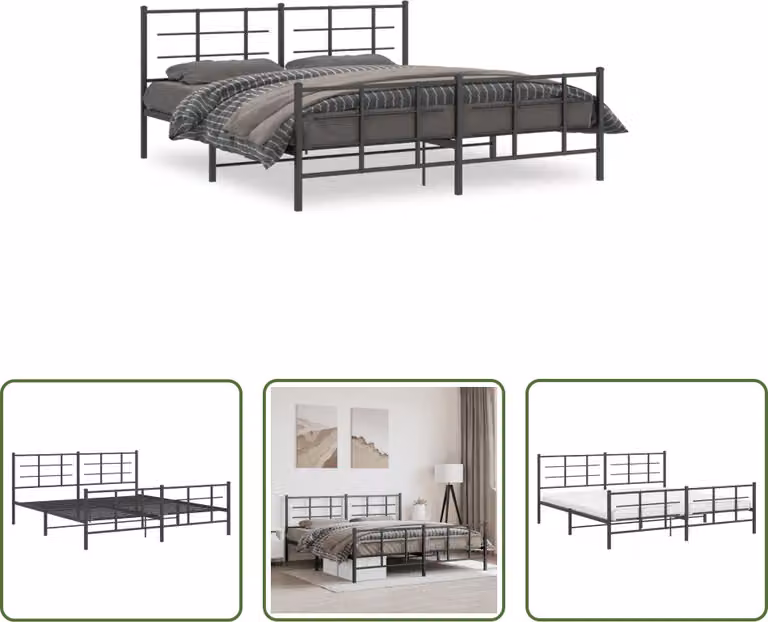 The Living Store Struttura letto con testiera e pediera in metallo nero 183x213 cm