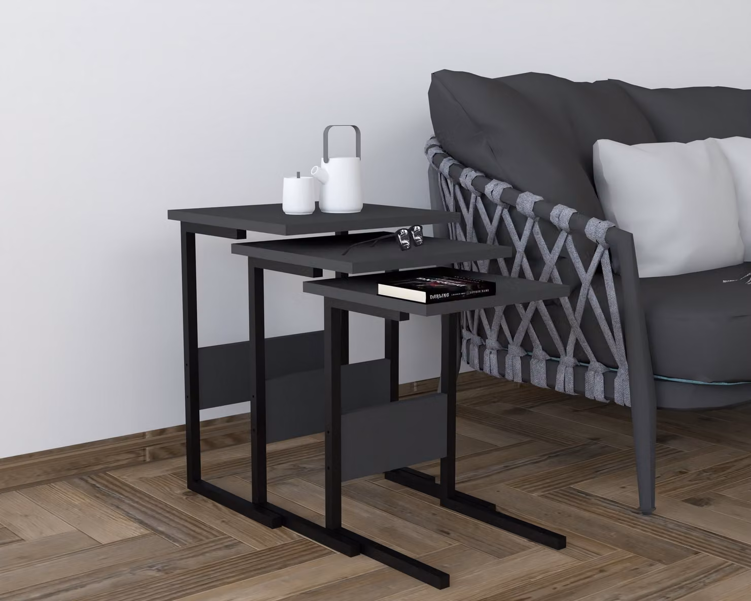 Skye Decor, Sali - Nero, Antracite, set di tavolini (3 pezzi), 100 % pannello di legno rivestito di melamina, nero, 40 x 40 x 55 cm