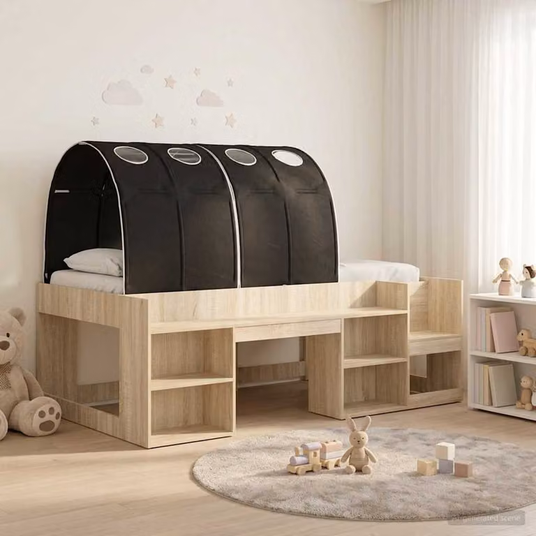 Letto per bambini con tunnel vidaXL in legno ingegnerizzato, Rovere e Nero, L: 120 cm, P: 203 cm, H: 65 cm