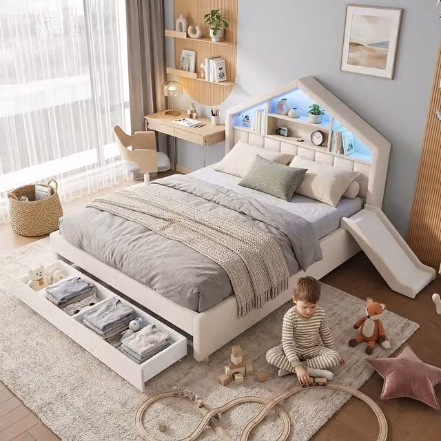 letto per bambini velluto beige 140 x 200 cm