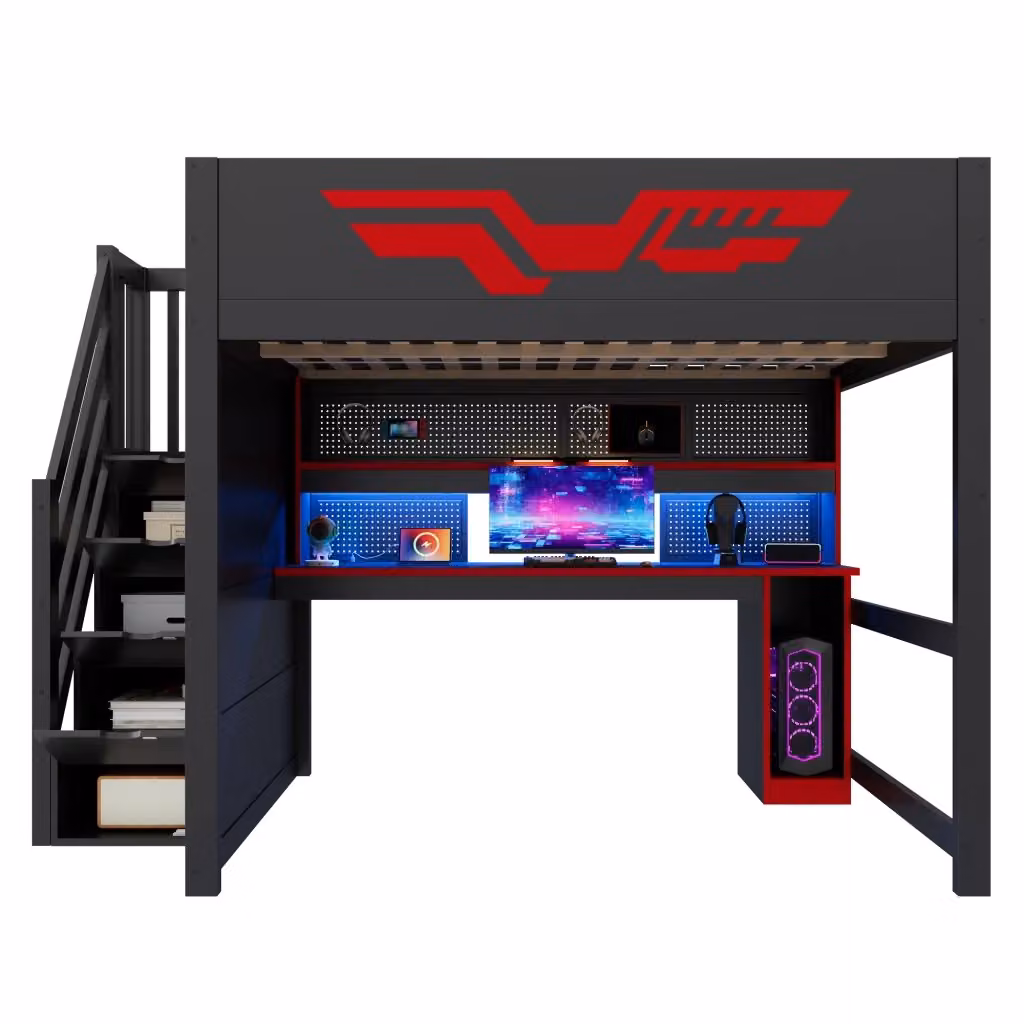 Letto a Soppalco Stilvora con Scrivania, Illuminazione LED, Porta USB e Mensola, L/P: 140 x 200 cm, H: 253 cm – 2