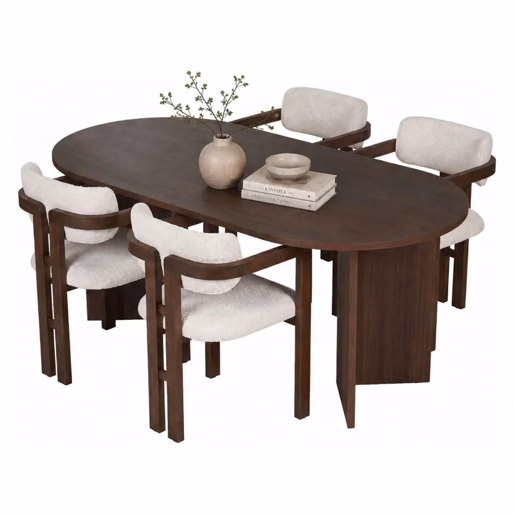 Set Tavolo e 6 Sedie Moderno DMORA in MDF Laminato, Colore Marrone e Bianco, Forma Ovale – 2