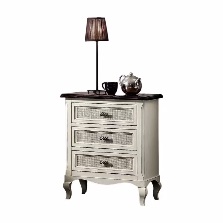 Comodino con 3 cassetti in legno stile shabby chic bicolore bianco e marrone Mobili 2G L: 53 cm, P: 38 cm, H: 66 cm