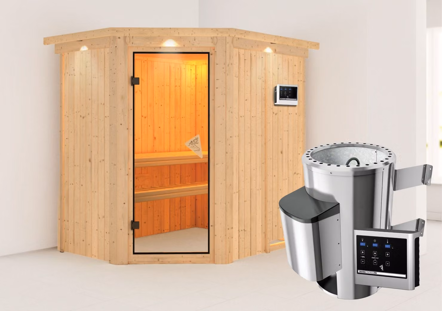 Sauna Karibu Saja (ingresso ad angolo), porta tutto vetro, bronzata, riscaldatore 3,6 kW controllo esterno semplice