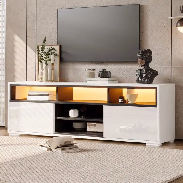 Mobile TV MINIMAL con illuminazione LED integrata in MDF lucido bianco, 2 ante, L: 150 cm, P: 35 cm, H: 50 cm