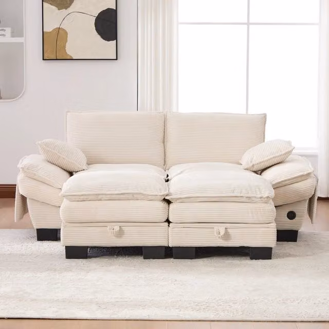 Divano angolare reversibile MIVRAY in velluto a coste beige con pouf coordinato e ricarica USB