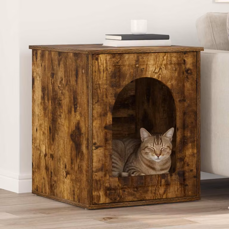 Casa per gatti vidaXL in legno ingegnerizzato, colore rovere fumé, L 53 cm x P 52 cm x H 62 cm