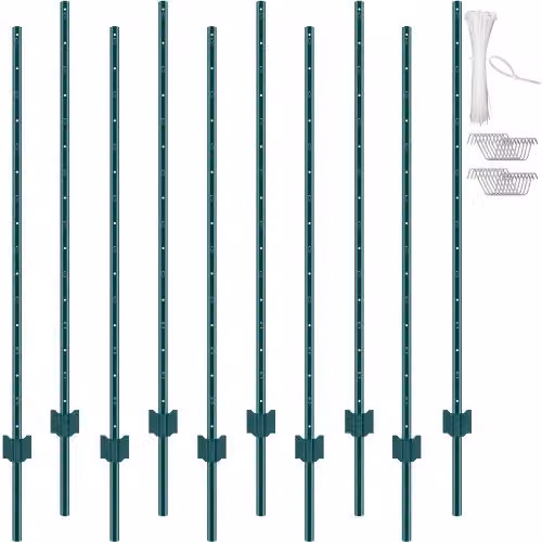 Set di 10 pali per recinzione Vevor in acciaio resistente a forma di T, colore verde, Altezza: 152,4 cm