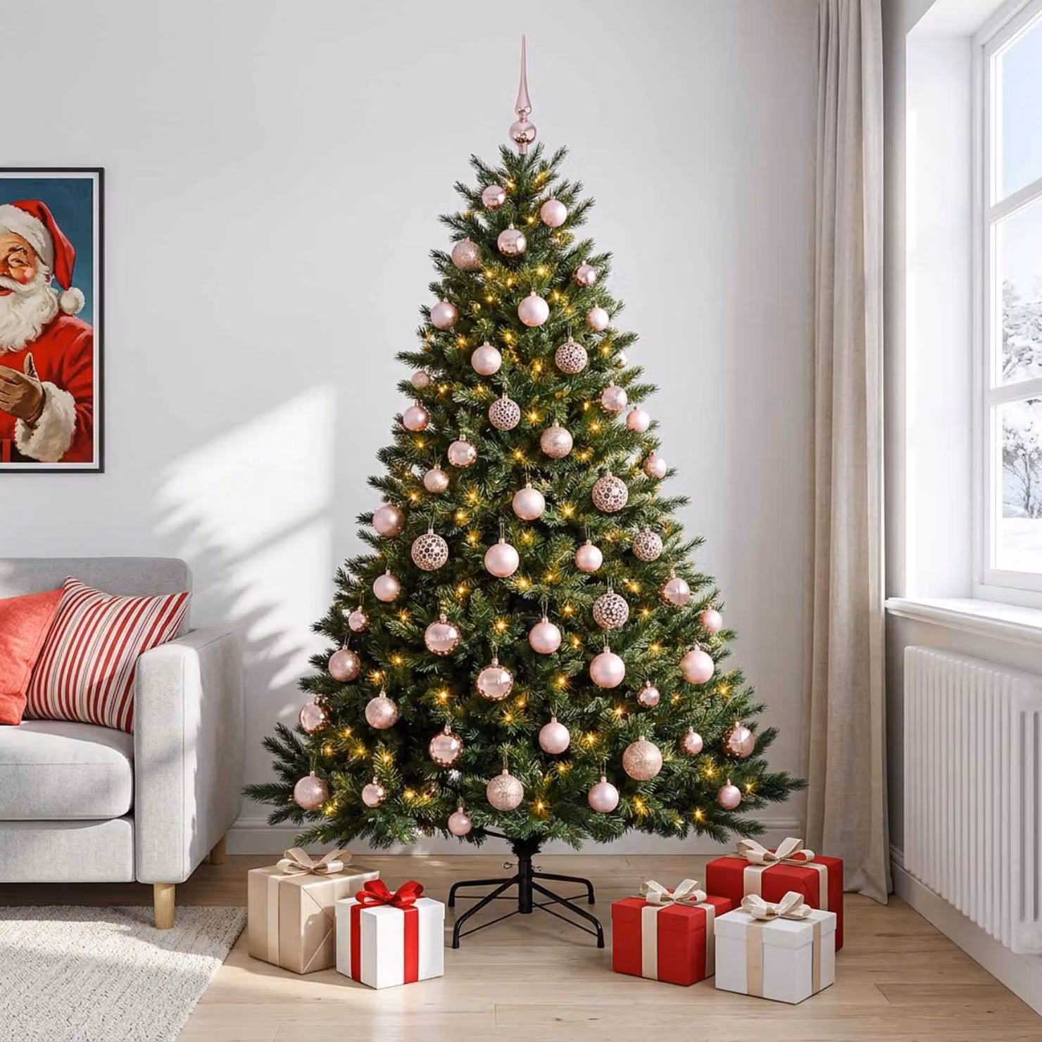 Albero di Natale artificiale con decorazioni a forma di sfera natalizia, altezza 180 cm, con 300 luci a LED