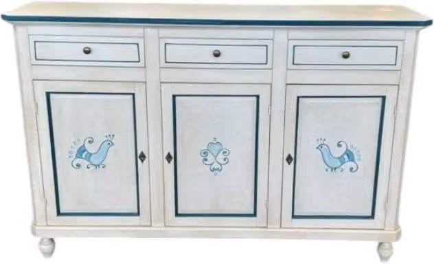 Madia credenza con 3 porte in legno bianco anticato e decoro pavoncella blu Mobili 2G L/P/H: 150 x 43 x 98 cm
