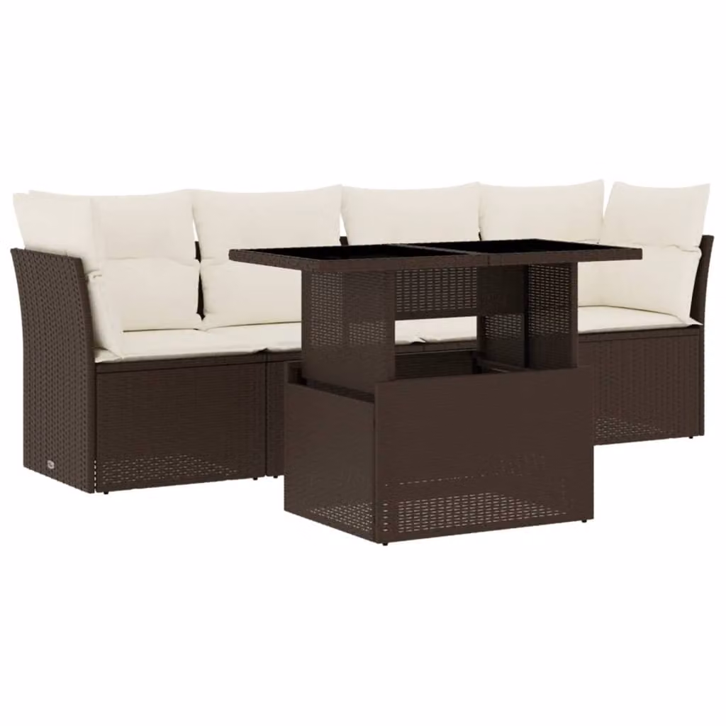 Set Divano da Giardino 5 pz con Cuscini Marrone in Polyrattan