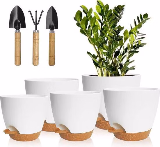 Vasi da fiori in plastica con sistema di auto-irrigazione - Set da 5 - 178/165/152/139/127 cm - Bianco