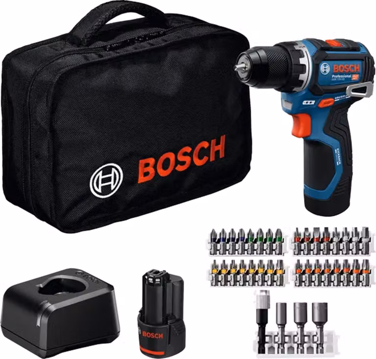 Trapano avvitatore a batteria Bosch GSR 12V-32 Professional 12 V 32 Nm Brushless (06019N7004) + 2 batterie da 2,0 Ah + caricabatterie + 36 pezzi di accessori + borsa