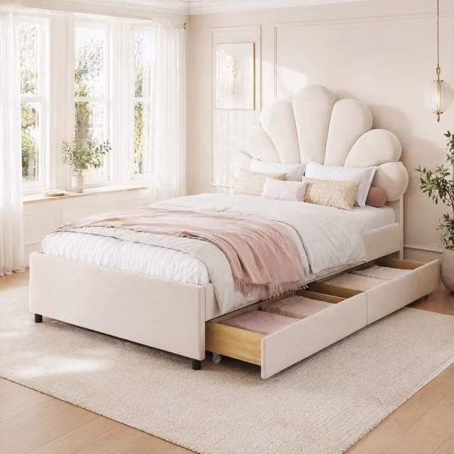 Letto imbottito per bambini 90 x 200 cm in velluto beige con 2 cassetti e testiera decorativa