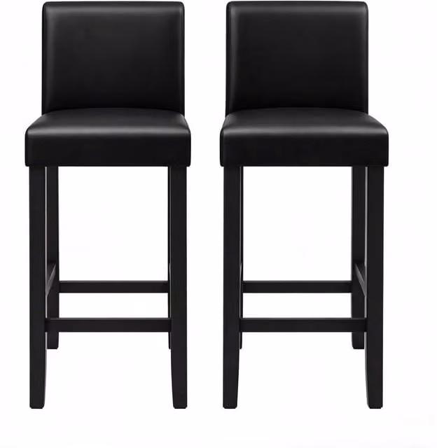 Sgabello da bar 2 pezzi con schienale ergonomico e poggiapiedi, struttura in legno, ecopelle nera