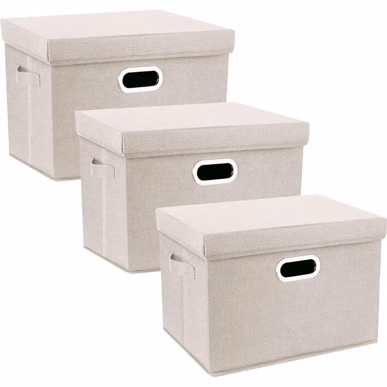 Contenitore con coperchio, grande, in tessuto, pieghevole, lavabile, confezione da 3, color beige, dimensioni 44x30x29 cm