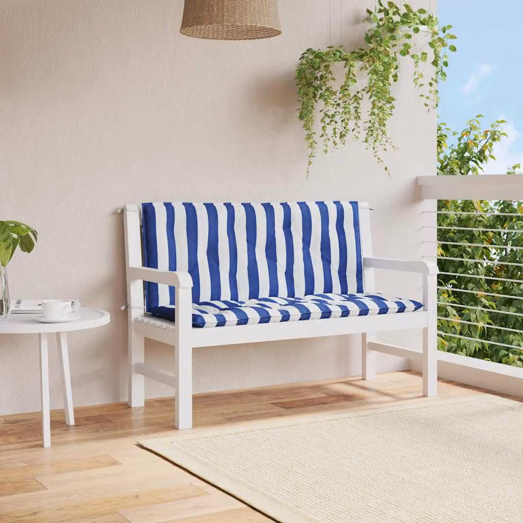 Set di 2 cuscini per panca da giardino vidaXL con motivo a righe marittime bianche e blu, in tessuto impermeabile e resistente ai raggi UV, L 120 cm x P 50 cm x H 7 cm