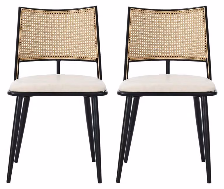 Sedie da pranzo - Sedie da cucina - Set da 2 - Seduta in poliuretano - Schienale in rattan - Imbottite - Struttura in metallo - Colore: nero