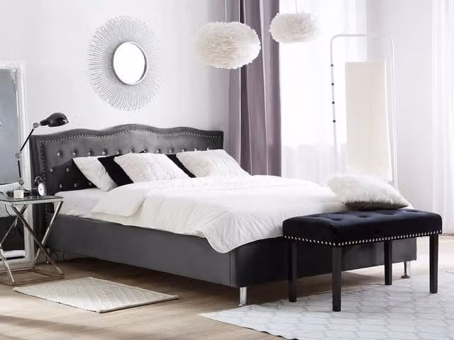 Letto Beliani con base contenitore lift up, cornice imbottita in velluto grigio, L/P/H: 180 x 200 x 103 cm – 1