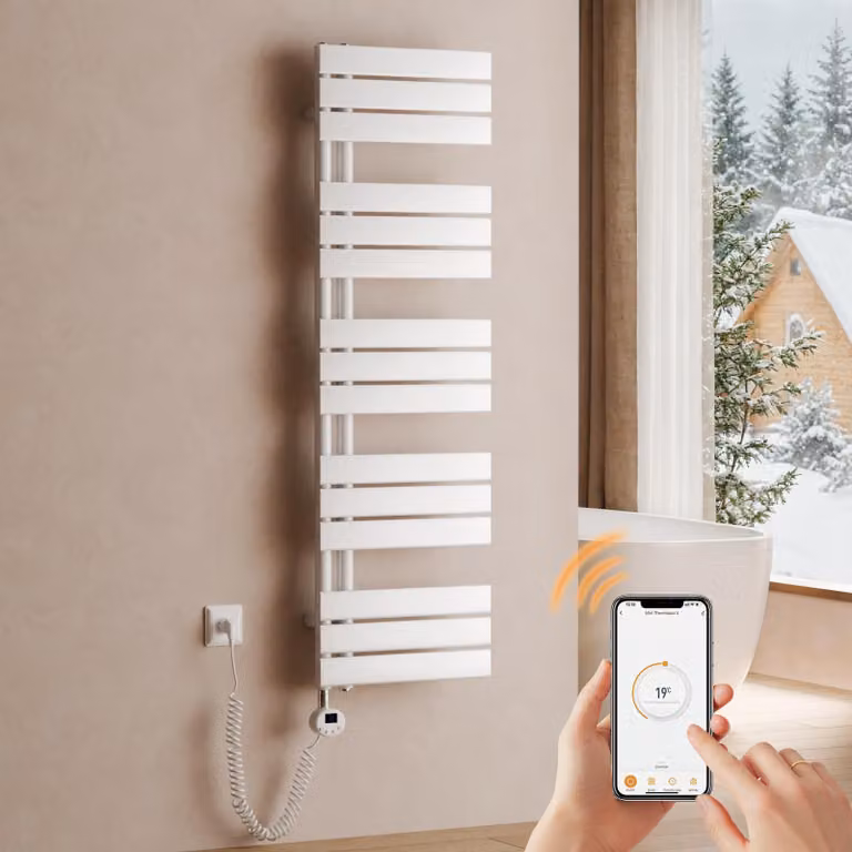 Asciugabiancheria elettrico da parete, dimensioni 1320 x 400 mm, 600 W, bianco, radiatore per bagno con termostato, Wi-Fi, timer programmabile e display LCD – S'AFIELINA